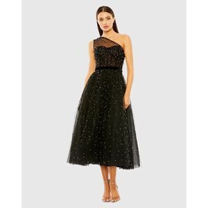 Mac Duggal NWT One Shoulder Pearl Beaded MIDI Ballgown in Black Size 12